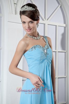 One Shoulder Prom Dress Brush Beading Light Blue