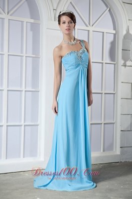 One Shoulder Prom Dress Brush Beading Light Blue