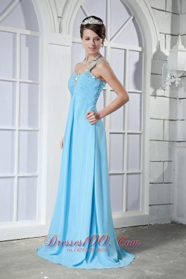 One Shoulder Prom Dress Brush Beading Light Blue