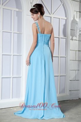 One Shoulder Prom Dress Brush Beading Light Blue