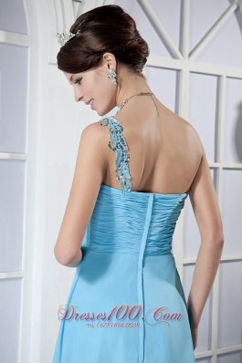 One Shoulder Prom Dress Brush Beading Light Blue