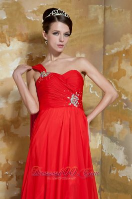 Red Empire One Shoulder Prom Dress Beading Watteau