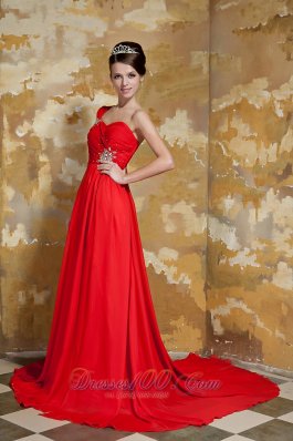 Red Empire One Shoulder Prom Dress Beading Watteau