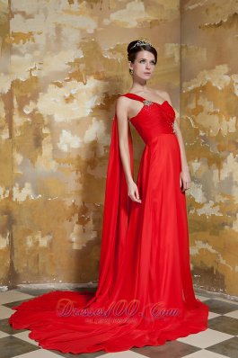 Red Empire One Shoulder Prom Dress Beading Watteau