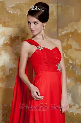 Red Empire One Shoulder Prom Dress Beading Watteau