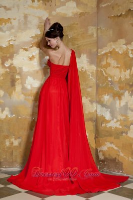 Red Empire One Shoulder Prom Dress Beading Watteau