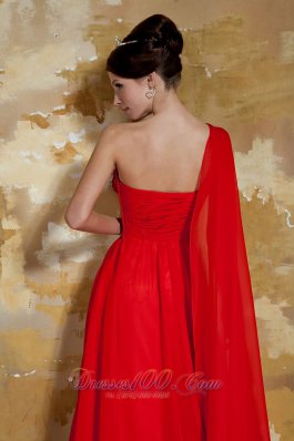 Red Empire One Shoulder Prom Dress Beading Watteau