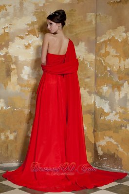 Red Empire One Shoulder Prom Dress Beading Watteau