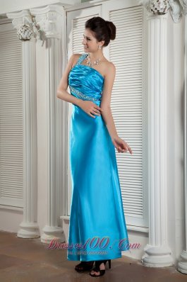 Teal Prom Dress One Shoulder Beading Ankle-length