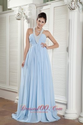 Popular Baby Blue Halter Prom Dress Beading Brush