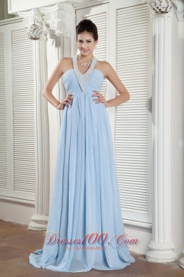 Popular Baby Blue Halter Prom Dress Beading Brush