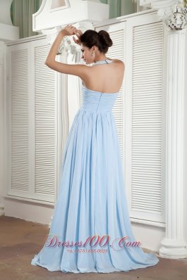 Popular Baby Blue Halter Prom Dress Beading Brush