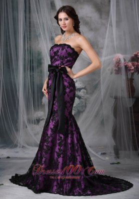 Lace Overlay Purple Prom Dress Mermaid Sashed