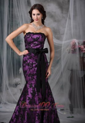 Lace Overlay Purple Prom Dress Mermaid Sashed