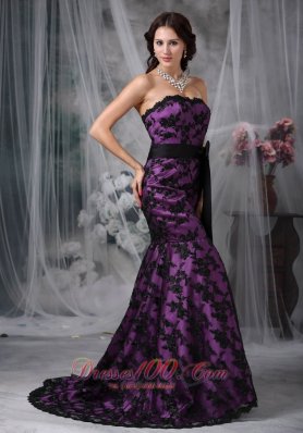 Lace Overlay Purple Prom Dress Mermaid Sashed