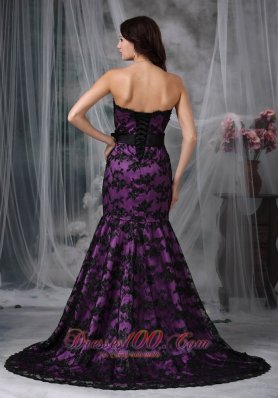 Lace Overlay Purple Prom Dress Mermaid Sashed