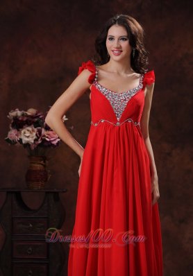 Square Red Chiffon Prom Dress with Beads Straps