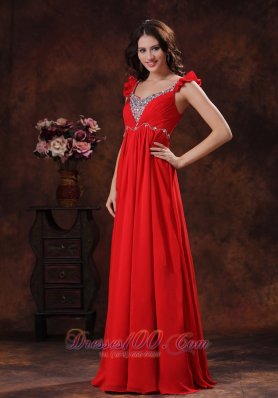 Square Red Chiffon Prom Dress with Beads Straps