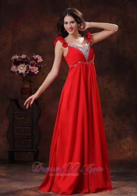 Square Red Chiffon Prom Dress with Beads Straps