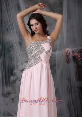 One Shoulder Baby Pink Beading Prom Dress Designers