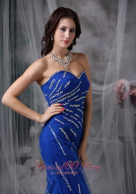 Mermaid Tulle Royal Blue Beaded Prom Dress