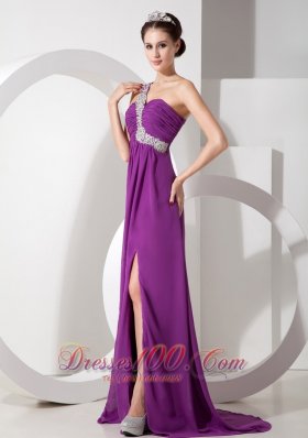 Watteau Train High Slit One Shoulder Prom Evening Gowns