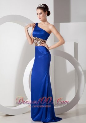 Blue One Shoulder Lepard Brush Evening Dress