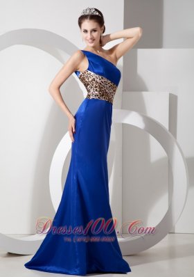 Blue One Shoulder Lepard Brush Evening Dress