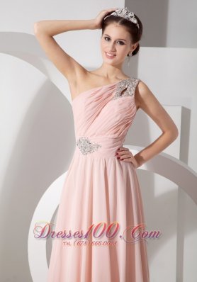 One Shoulder Ruched Baby Pink Prom Dress Brush