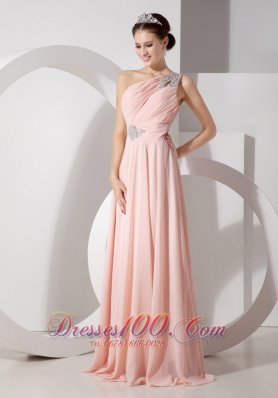 One Shoulder Ruched Baby Pink Prom Dress Brush