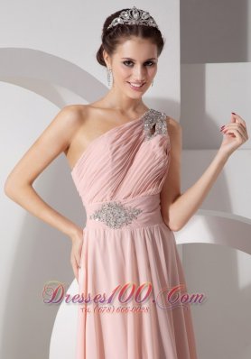 One Shoulder Ruched Baby Pink Prom Dress Brush