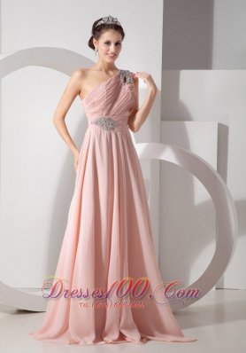 One Shoulder Ruched Baby Pink Prom Dress Brush