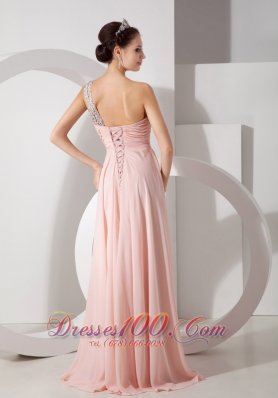 One Shoulder Ruched Baby Pink Prom Dress Brush