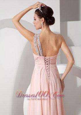 One Shoulder Ruched Baby Pink Prom Dress Brush