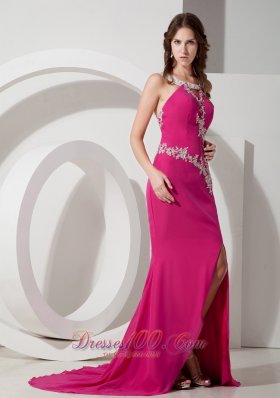 Mermaid High Split Hot Pink Open Back Prom Evening Dress