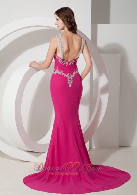 Mermaid High Split Hot Pink Open Back Prom Evening Dress