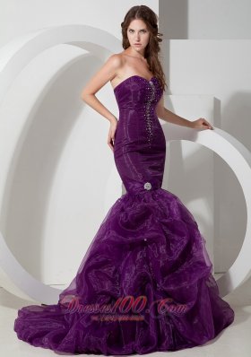 Trumpet Purple Court Train Prom Celebrity Dress Beads Organza