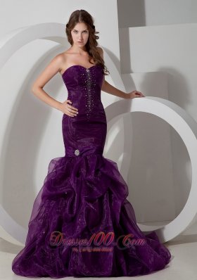 Trumpet Purple Court Train Prom Celebrity Dress Beads Organza