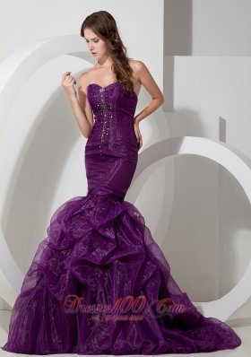 Trumpet Purple Court Train Prom Celebrity Dress Beads Organza