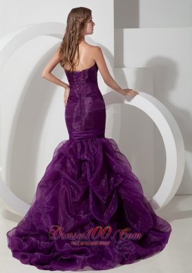 Trumpet Purple Court Train Prom Celebrity Dress Beads Organza