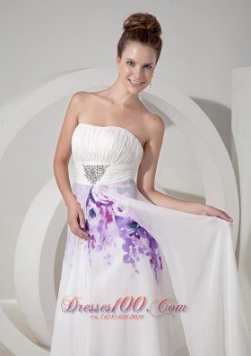 Printing Empire White Evening Dress Chiffon Beaded