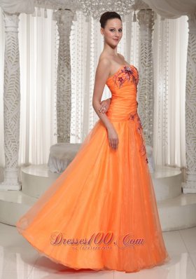 Orange Ruched Organza Prom Dress With Appliques