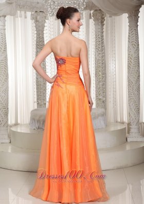 Orange Ruched Organza Prom Dress With Appliques