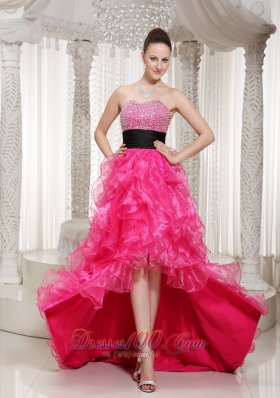 Beaded High-low Hot Pink Evening Dress Sashed