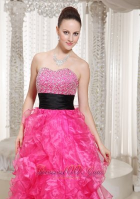 Beaded High-low Hot Pink Evening Dress Sashed