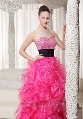 Beaded High-low Hot Pink Evening Dress Sashed