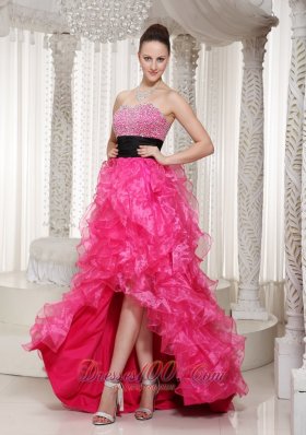 Beaded High-low Hot Pink Evening Dress Sashed