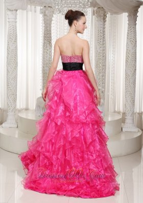 Beaded High-low Hot Pink Evening Dress Sashed