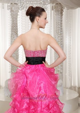 Beaded High-low Hot Pink Evening Dress Sashed