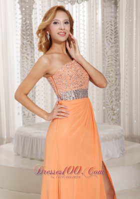 One Shoulder High Slit Orange Beads Evening Dress